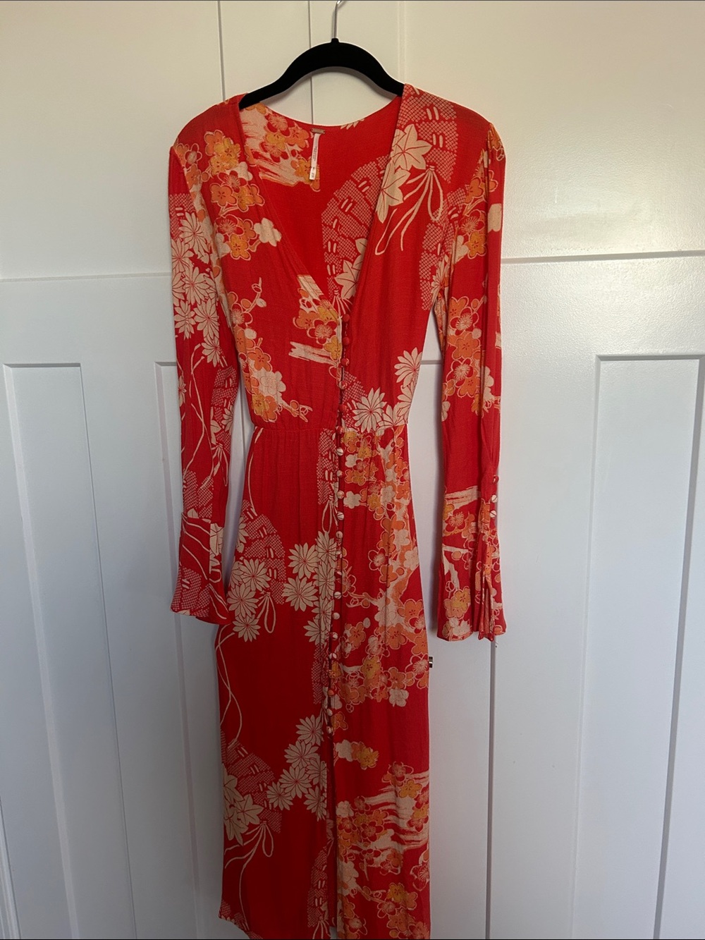 Free People Red Floral Long Sleeve Wrap Maxi Dress